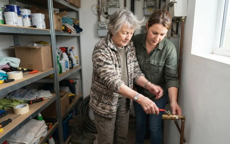 An adult child helping an elderly parent locate the main water shutoff valve in their home