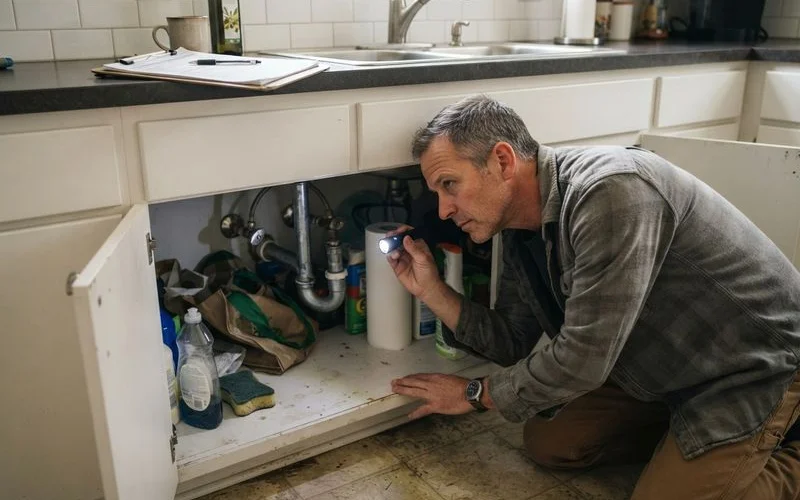 A home inspector checking under a kitchen sink for leaks before a home sale