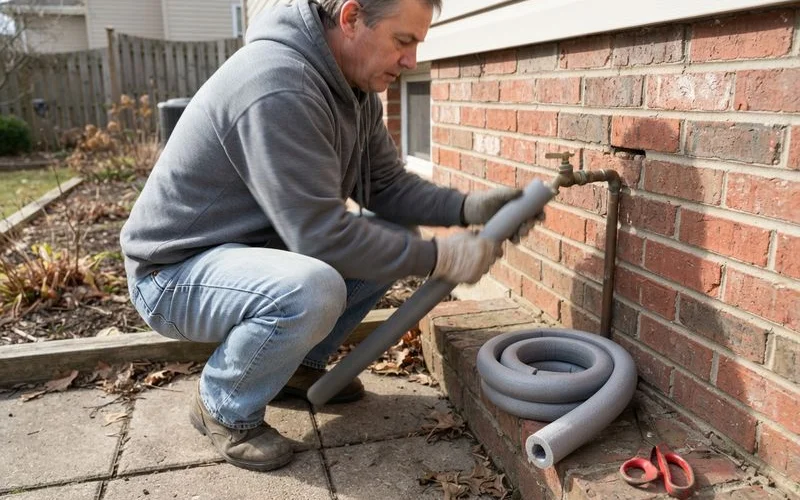 A homeowner wrapping foam insulation sleeves around an exposed outdoor pipe before a cold snap