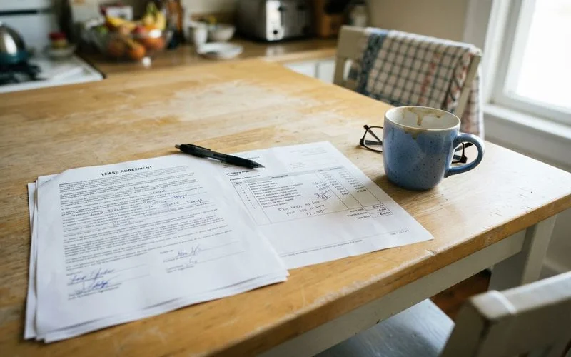 A lease document and a plumbing repair invoice sitting side by side on a table