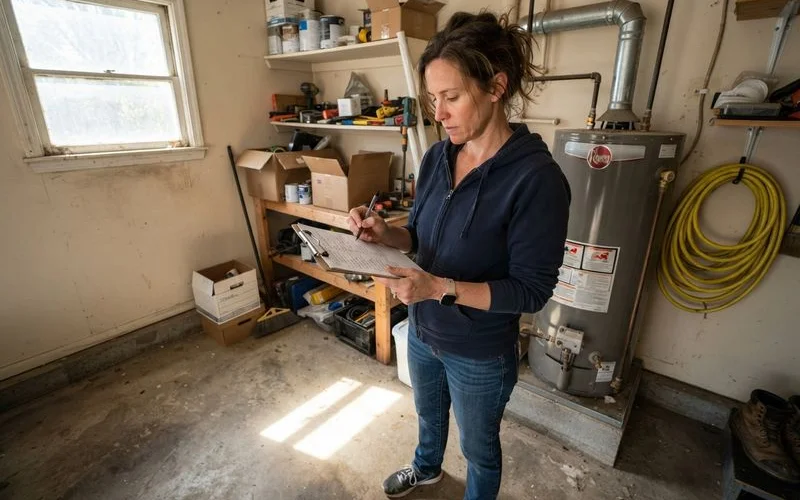 A new homeowner reviewing a home inspection checklist near a water heater and shutoff valves