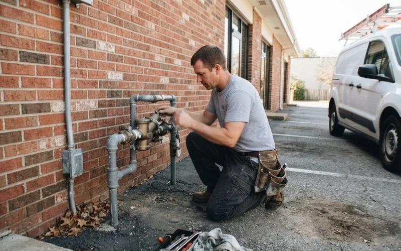 A plumber inspecting a backflow prevention device on the exterior of a commercial building