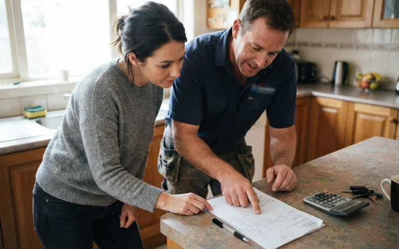 A plumber reviewing a written cost estimate on a clipboard with a homeowner in a kitchen